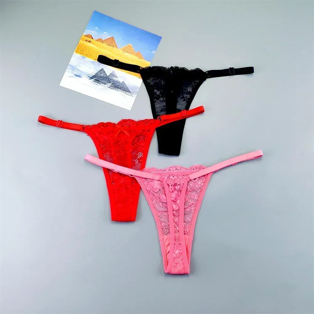 3PCS Einstellbare Sexy Transparent Tanga Höschen Frauen Spitze Unterwäsche Niedrige Taille Weibliche T-zurück String Unterhose